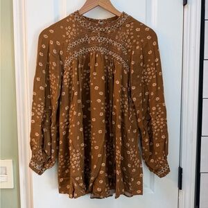 Free People Brown Floral Long Sleeve Blouse